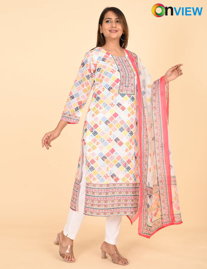 ONVIEW | 1329 | COTTON CHIKANKARI WORK WITH BORDER WITH DUPATTA