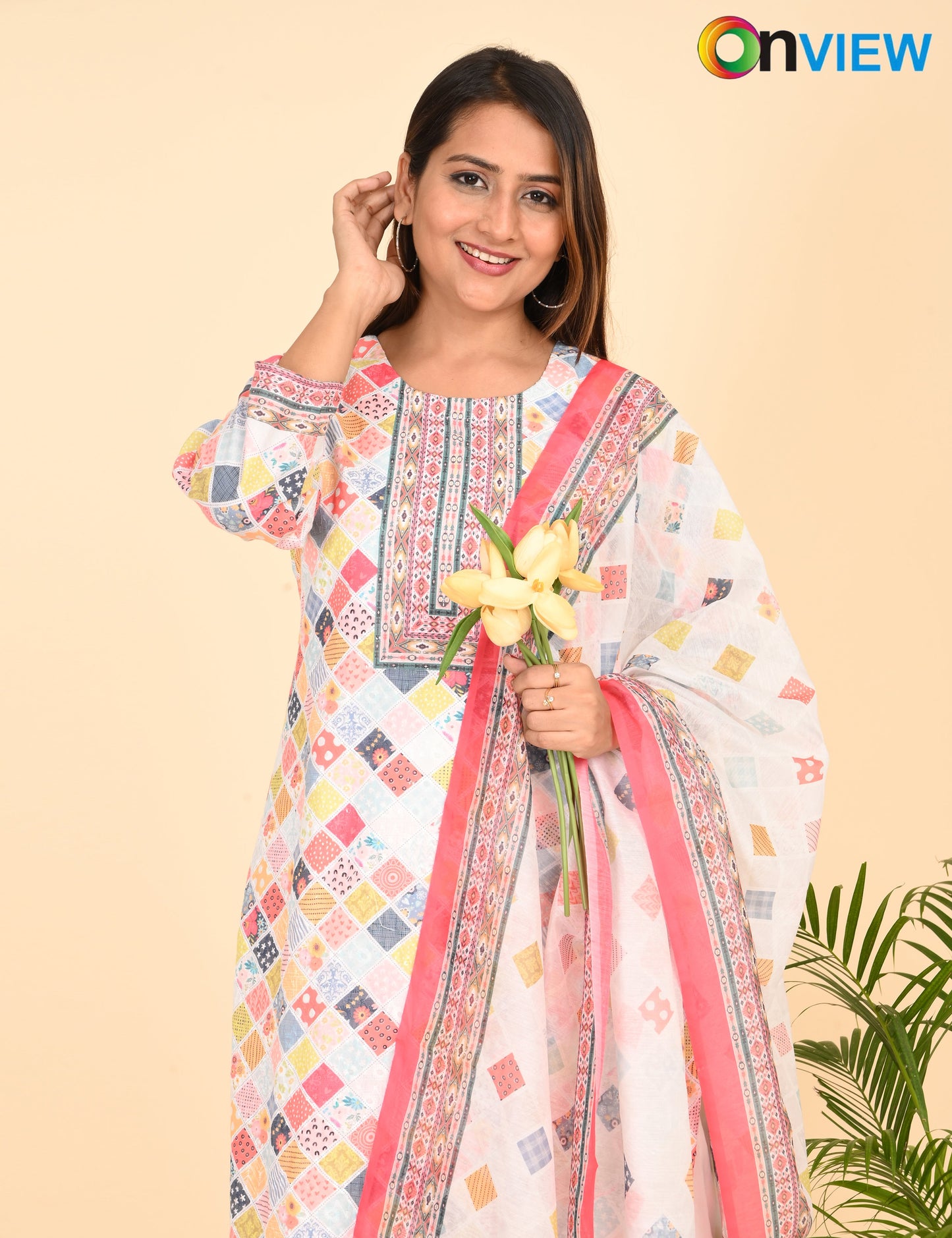 ONVIEW | 1329 | COTTON CHIKANKARI WORK WITH BORDER WITH DUPATTA