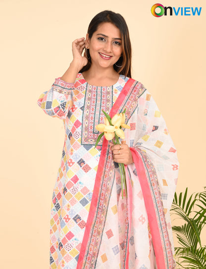 ONVIEW | 1329 | COTTON CHIKANKARI WORK WITH BORDER WITH DUPATTA