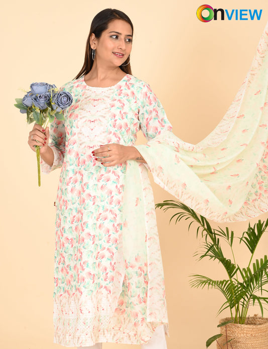 ONVIEW | 1333 | COTTON CHIKANKARI WORK WITH BORDER WITH DUPATTA